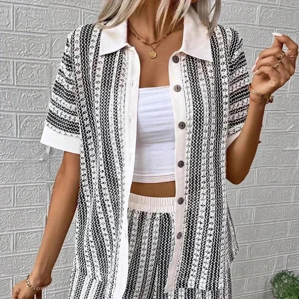 Multicolor Casual Women's Woven Short Sleeve Top And Shorts Set